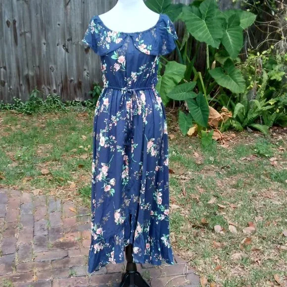Band of Gypsies | Dresses | Band Of Gypsies Summer Casual Blue Floral Off  The Shoulder Hi Low Maxi Dress | Poshmark